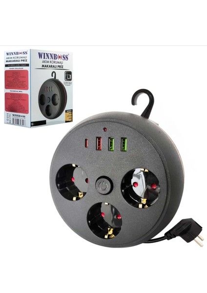 Wınnboss WN-3395 3lü Akım Korumalı Priz Makaralı Anahtarlı 16A 4000 Watt 3xusb 1xtype-C 323083