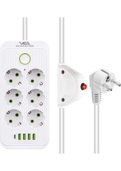 VA-21564 6'lı 4 Usb'li 1.5 Metre Akım Korumalı Priz Beyaz 323089