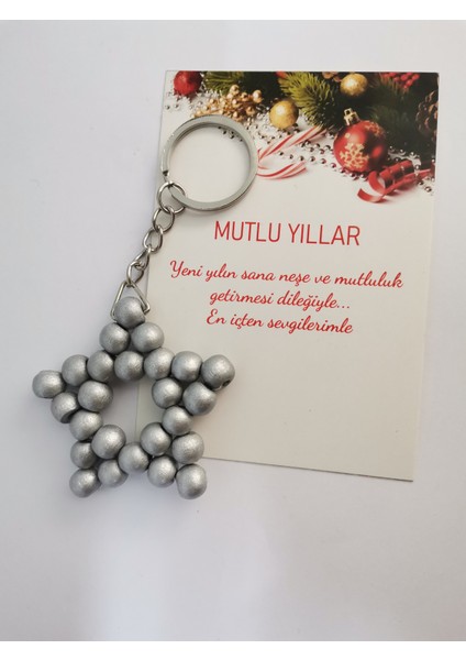 Ahşap Boncuk Yıldız Anahtarlık Yılbaşı Yeniyıl Hediyesi