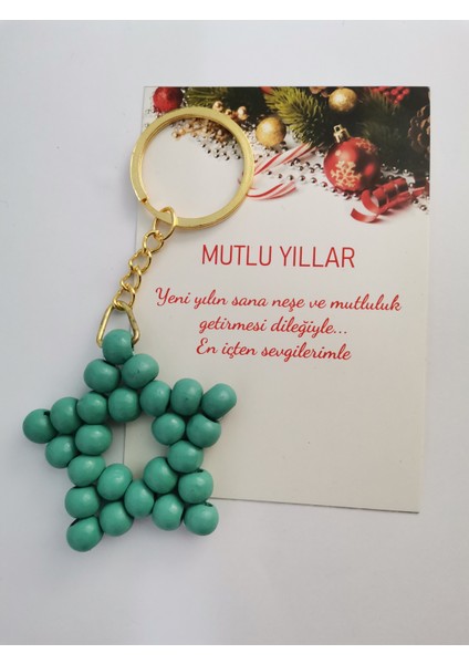 Ahşap Boncuk Yıldız Anahtarlık Yılbaşı Yeniyıl Hediyesi
