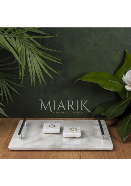 Doğal Mermer Nişan Tepsisi ve Yüzük Standı Gümüş Kulp