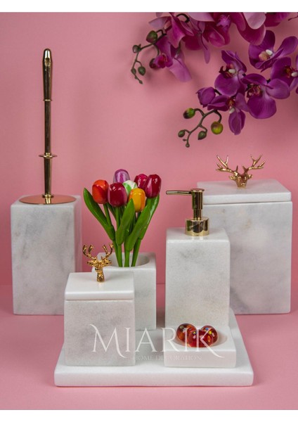 Dekoratif Mermer Gold Geyık Detaylı 7 Li Kare Banyo Seti Takımı