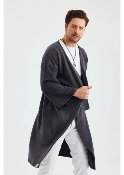 Uzun Kimono Siyah Düz Fakir Kol Oversize Bohem