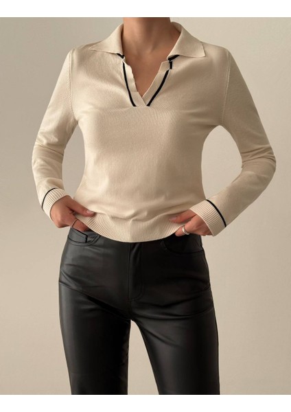 Zarif ve Şık Bir Seçim (Polo Yaka Uzun Kol Krem Rengi Kazak)