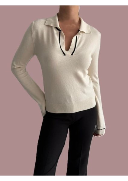 Zarif ve Şık Bir Seçim (Polo Yaka Uzun Kol Krem Rengi Kazak) fiyatları