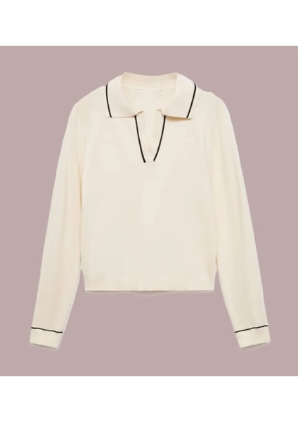 Zarif ve Şık Bir Seçim (Polo Yaka Uzun Kol Krem Rengi Kazak) fırsatları