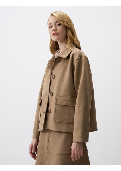 Bej Uzun Kollu Düz Kesim Örme Kadife Kısa Ceket modelleri