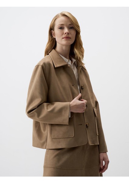 Bej Uzun Kollu Düz Kesim Örme Kadife Kısa Ceket fırsatları