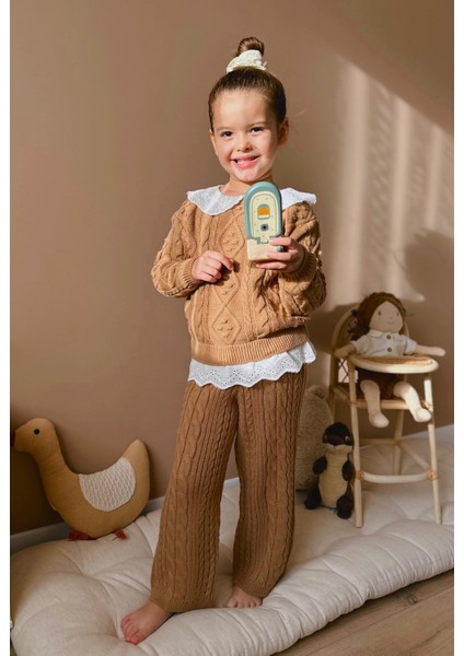 Sarmak Çizgi Detaylı Triko Sweatshirt Pantolon Alt-Üst Set Takım Kız Çocuk