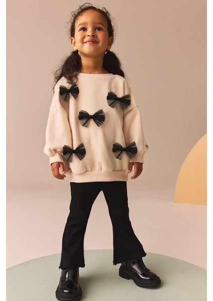 Fiyonk Desenli Pamuklu Sweatshirt Tayt Set Alt-Üst Takım Kız Çocuk