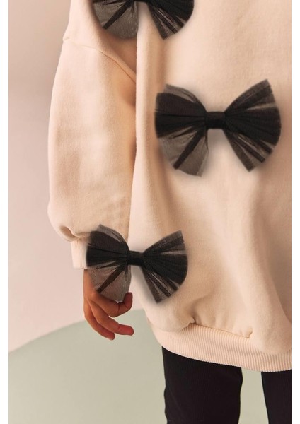 Fiyonk Desenli Pamuklu Sweatshirt Tayt Set Alt-Üst Takım Kız Çocuk