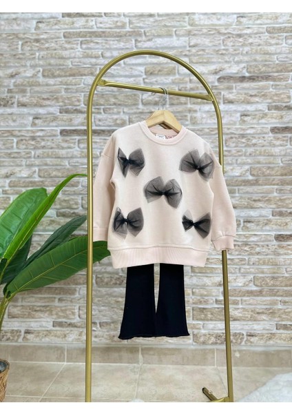 Fiyonk Desenli Pamuklu Sweatshirt Tayt Set Alt-Üst Takım Kız Çocuk