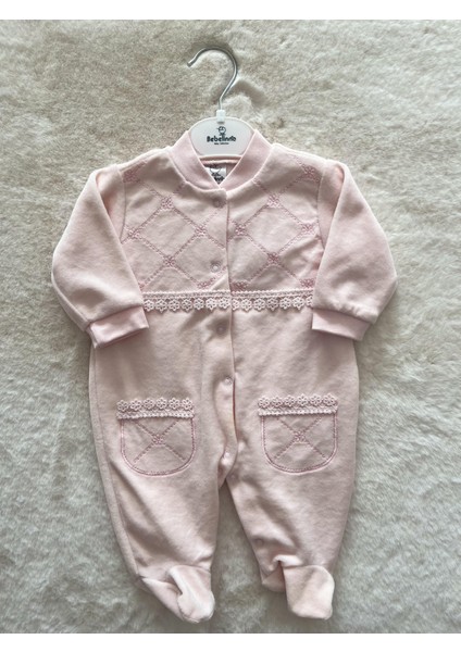 Cep Dantelli Kadife Kız Tulum