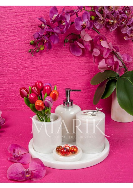 Dekoratif Beyaz Mermer Pirinc Aksesuar Detaylı 5 Li Banyo Seti Takımı