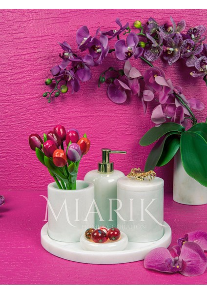 Dekoratif Beyaz Mermer Yengec Detaylı 5 Li Banyo Seti Takımı
