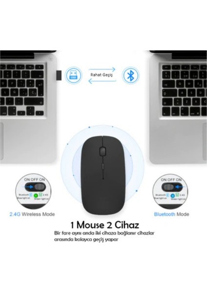 Bluetooth Şarjlı 2.4 Ghz Kablosuz Mouse Sessiz Tıklama