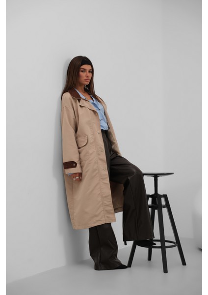 Yaka Detaylı Oversiz Bej Trençkot fiyatları