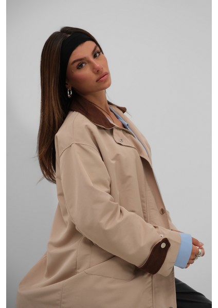 Yaka Detaylı Oversiz Bej Trençkot modelleri
