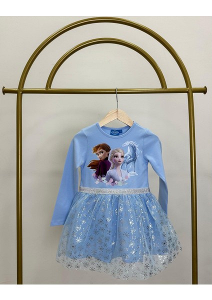 Kız Çocuk Elsa Model Uzun Kollu Elbise