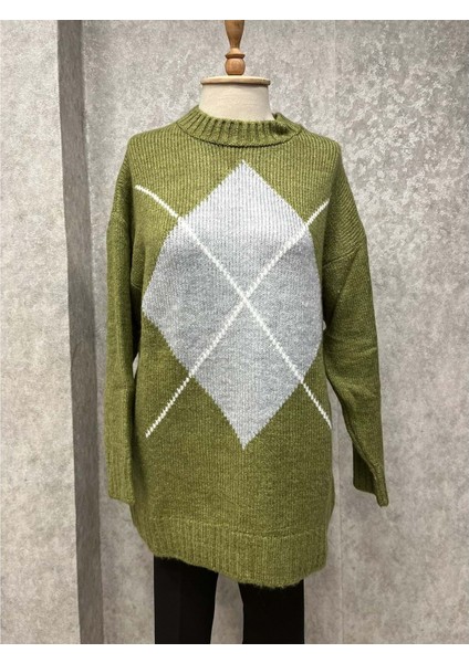 25K8508 Tunik Triko Önü Desenli Balıkçı Yaka - Turtaş - 25K8508 - Yeşil - Standart