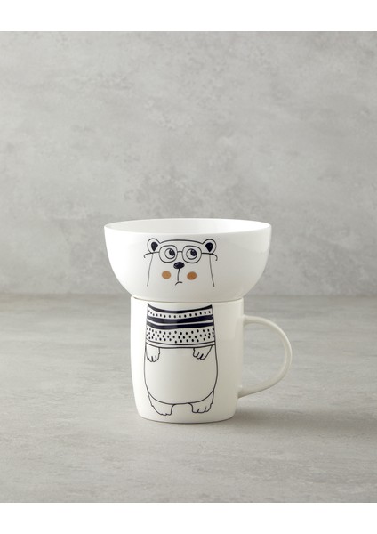 English Home Mingle Bear New Bone China Kaseli Kupa 360 Ml-13 cm Siyah - Beyaz