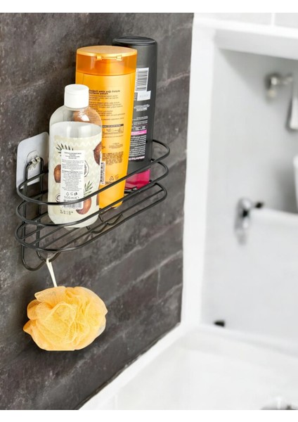 Siyah Yapışkanlı Banyo Düzenleyici Şampuanlık Oval Banyo Rafı 4 Askılı Kancalı Duş Rafı Organizer