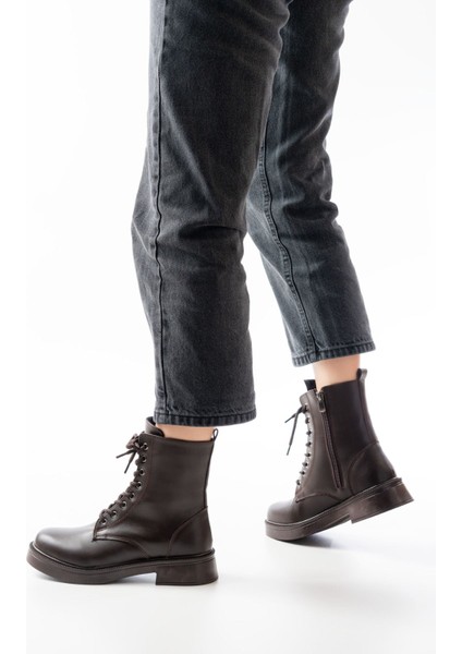 02-356 Kahve Düz Topuklu Bağcıklı Fermuarlı Günlük Kadın Bot fiyatları