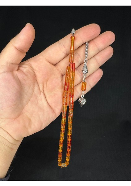Gümüş Işlemeli Ateş Kehribar Tesbih Sarı Renkli Kesme Kesim 10,5 mm x 5,5 mm T-647