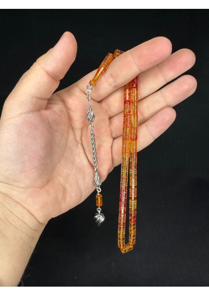 Gümüş Işlemeli Ateş Kehribar Tesbih Sarı Renkli Kesme Kesim 10,5 mm x 5,5 mm T-647