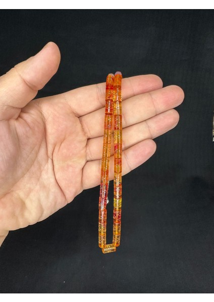 Gümüş Işlemeli Ateş Kehribar Tesbih Sarı Renkli Kesme Kesim 10,5 mm x 5,5 mm T-647