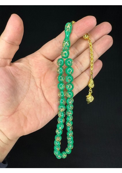 Altın Varaklı Uçak Camı Tesbih Küre Kesim 10 mm Yeşil Renkli T-688