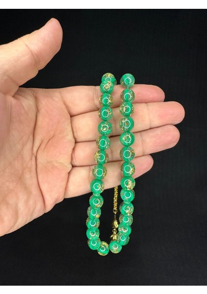 Altın Varaklı Uçak Camı Tesbih Küre Kesim 10 mm Yeşil Renkli T-688