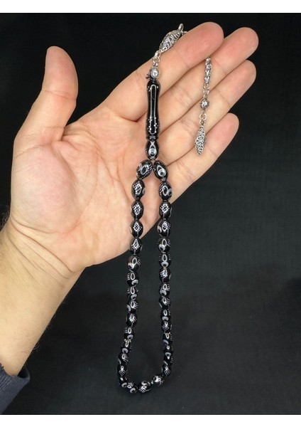 Alpaka Ay Yıldız Işlemeli Sıkma Kehribar Tesbih Siyah Renk 14 mm x 9,5 mm T-652