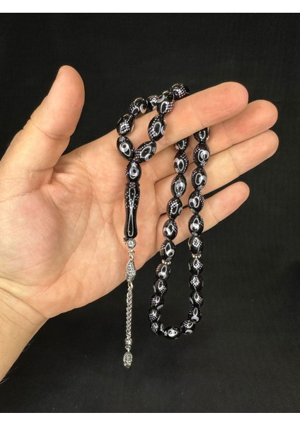 Alpaka Ay Yıldız Işlemeli Sıkma Kehribar Tesbih Siyah Renk 14 mm x 9,5 mm T-652