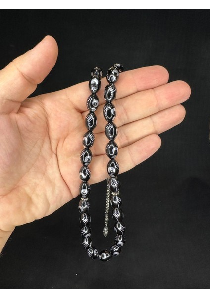 Alpaka Ay Yıldız Işlemeli Sıkma Kehribar Tesbih Siyah Renk 14 mm x 9,5 mm T-652