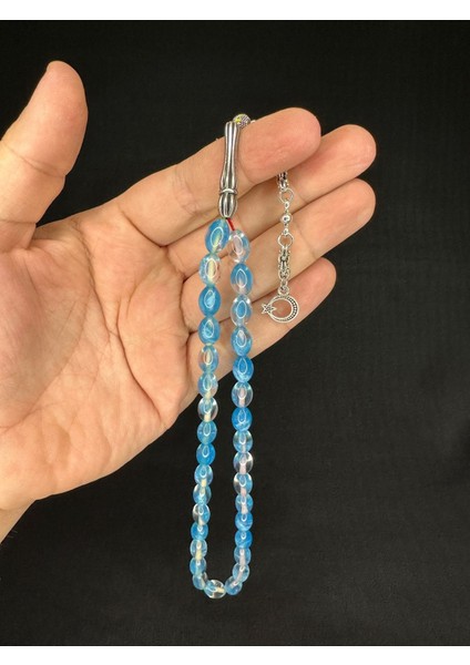 Toz Kehribar Tesbih Mavi Renkli Beyzi Kesim 10mmX6,5mm T-680