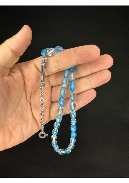 Toz Kehribar Tesbih Mavi Renkli Beyzi Kesim 10mmX6,5mm T-680 fiyatları
