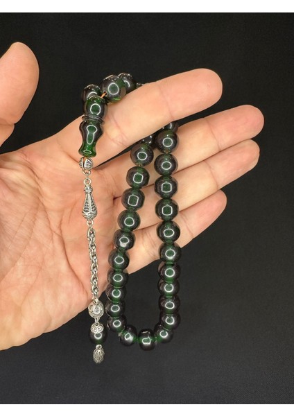 Toz Kehribar Tesbih Yeşil Renkli Küre Kesim11 mm T-626