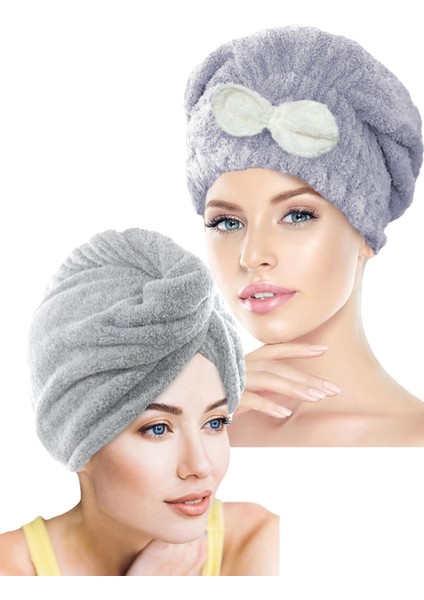 Ikili Set Saç Havlusu Bonesi Lastikli Fiyonklu & Mikrofiber 2 Düğmeli Saç Havlusu