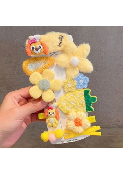 Tüylü Peluş Renkli Papatya Fiyonk Pembe Mor Sarı Kız Çocuk Bebek Saç Tokası Toka Seti