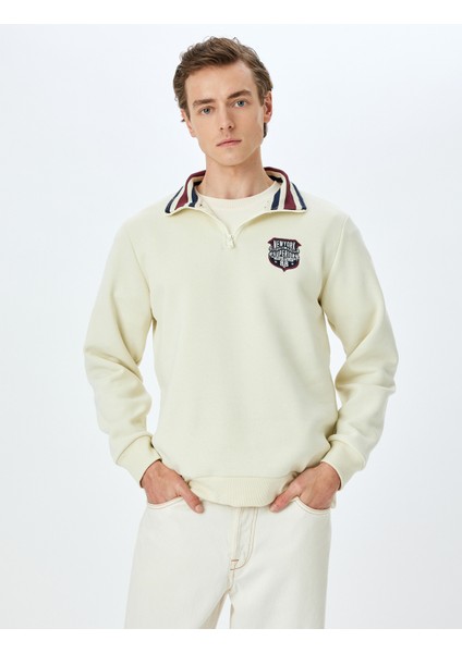 Baskılı Pamuk Karışımlı Yaka Detaylı Yarım Fermuarlı Sweatshirt