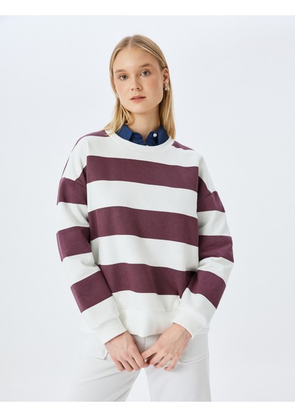 Bisiklet Yaka Renk Bloklu Uzun Kollu Şardonlu Oversize Sweatshirt