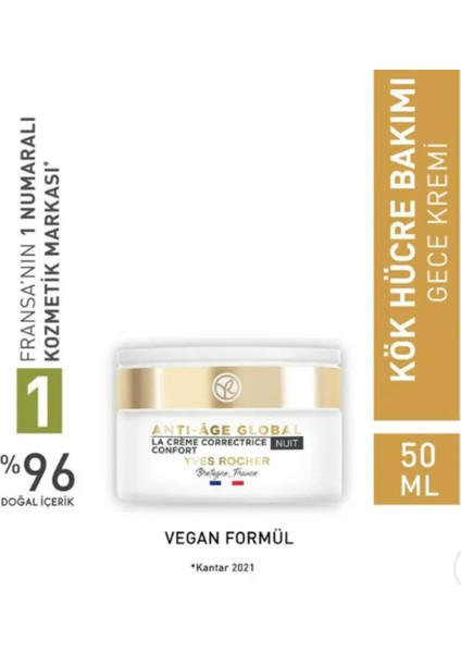 Gece Kremi - Yenileyici Bitkisel Kök Hücre Bakımı / Anti-Age Global 8 Farklı Etki - Shea Yağı & Vitamin E 50 ml