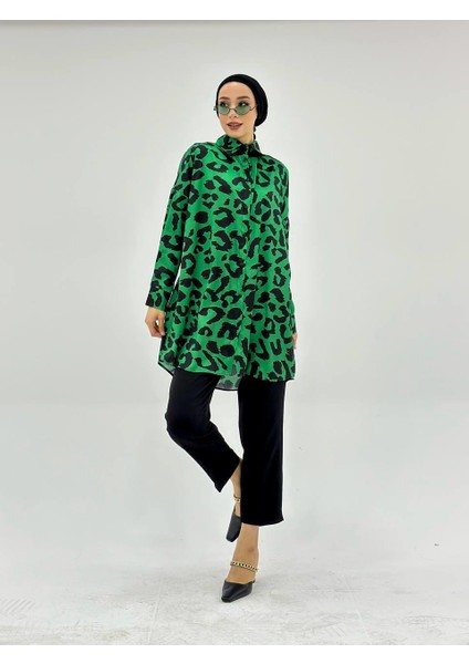 Vıoshıne Kadın Leopar Desenli Oversize Saten Gömlek