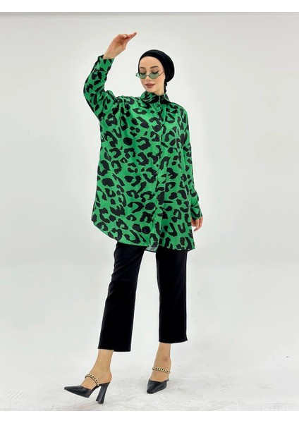 Vıoshıne Kadın Leopar Desenli Oversize Saten Gömlek modelleri