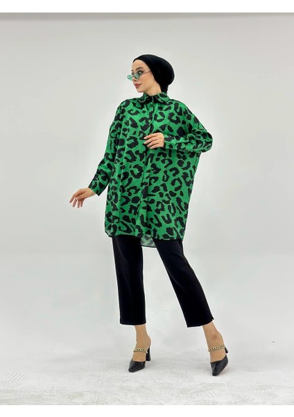Vıoshıne Kadın Leopar Desenli Oversize Saten Gömlek fırsatları