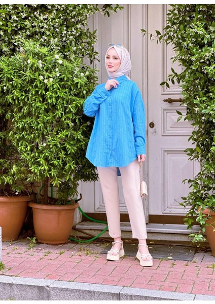 Vıoshıne Kadın Kuşaklı Çizgili Keten Gömlek Tunik modelleri