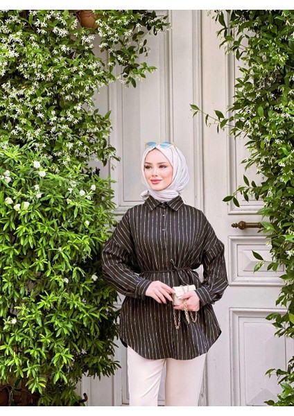 Vıoshıne Kadın Kuşaklı Çizgili Keten Gömlek Tunik fiyatları