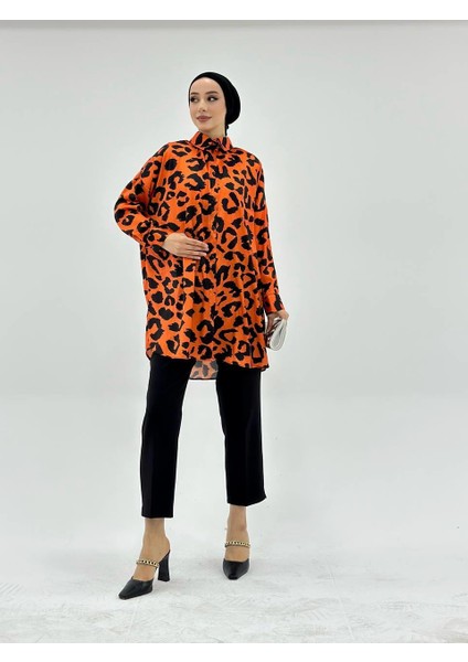 Vıoshıne Kadın Leopar Desenli Oversize Saten Gömlek