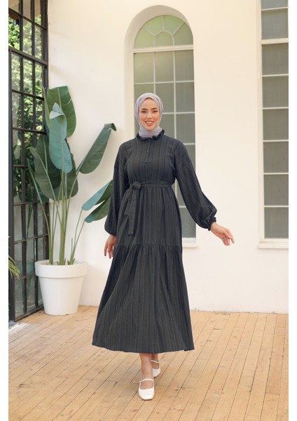 Vıoshıne Kadın Düğmeli Gömlek Yaka Kuşaklı Bürümcük Elbise